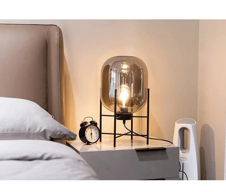 Modern Nordic Clear Glass Table Lamp Light (Amber/Transparent/Grey) │ Industrial LED Living Bedroom Decor Lighting Desk Lamp - Besontique Home