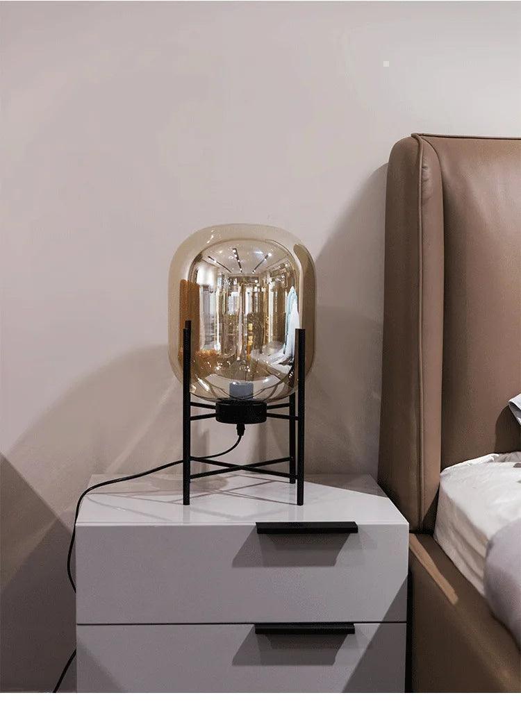 Modern Nordic Clear Glass Table Lamp Light (Amber/Transparent/Grey) │ Industrial LED Living Bedroom Decor Lighting Desk Lamp - Besontique Home