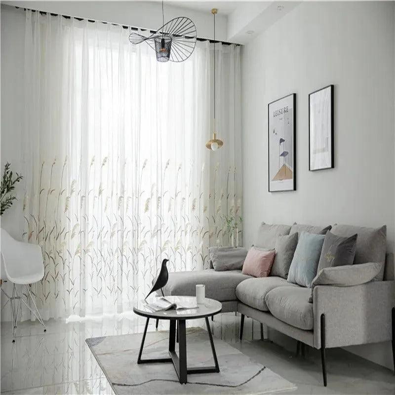 Modern Reed Leaf Embroidered Tulle Curtain │ Modern Transparent White Yarn Curtain - Besontique Home