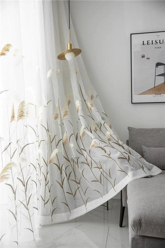 Modern Reed Leaf Embroidered Tulle Curtain │ Modern Transparent White Yarn Curtain - Besontique Home