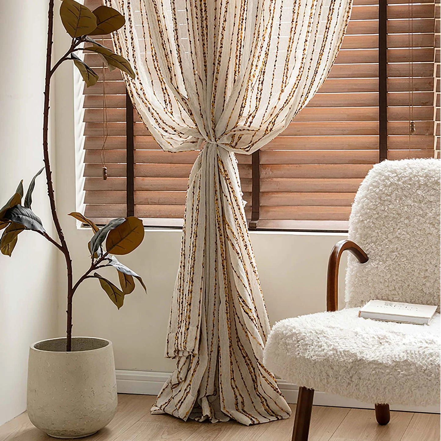 Modern Retro Linen Striped Sheer Curtain │ Yellow Coffee Long Wide Voile Window Drape - Besontique Home