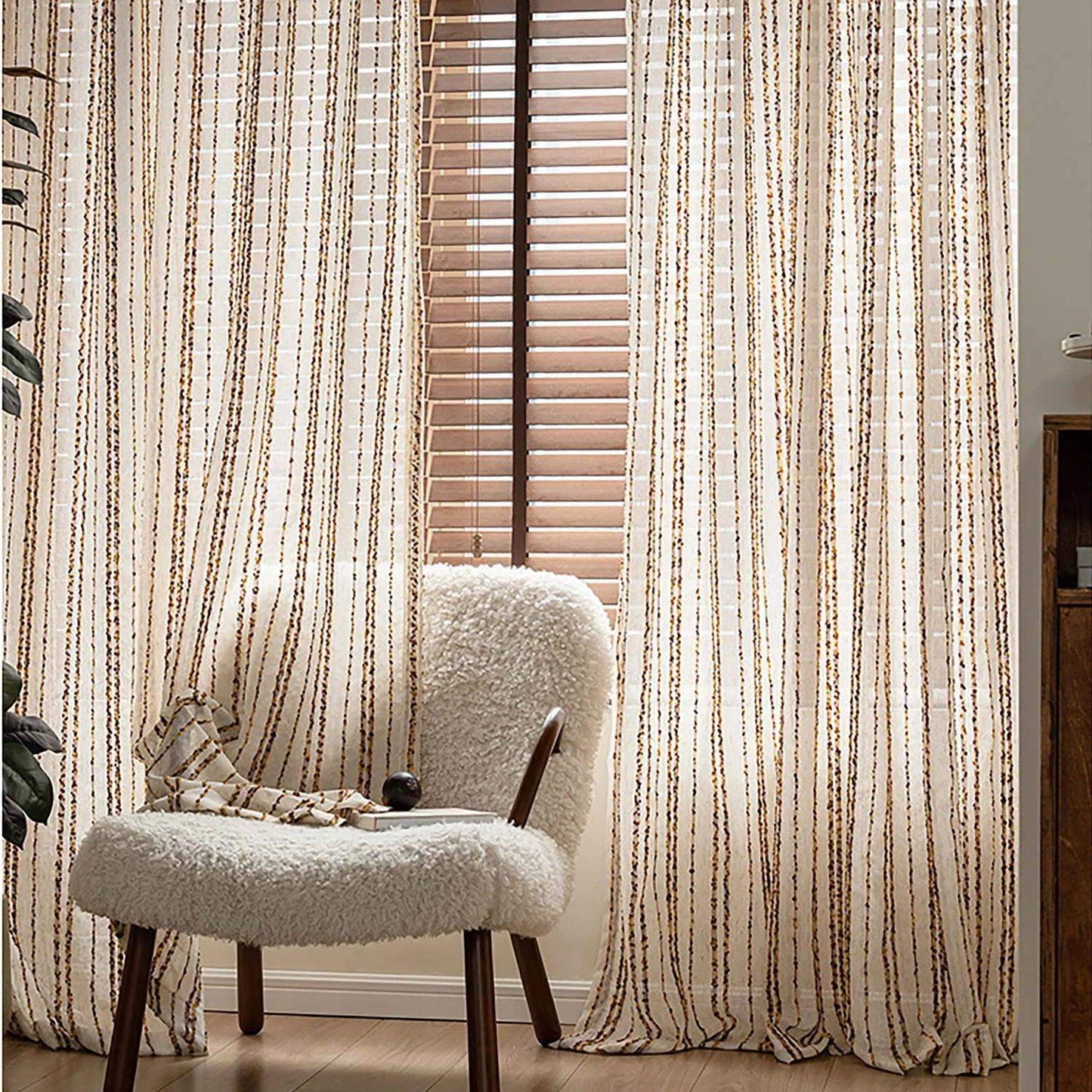Modern Retro Linen Striped Sheer Curtain │ Yellow Coffee Long Wide Voile Window Drape - Besontique Home