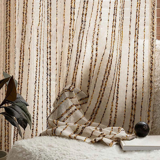 Modern Retro Linen Striped Sheer Curtain │ Yellow Coffee Long Wide Voile Window Drape - Besontique Home