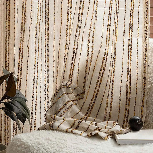 Modern Retro Linen Striped Sheer Curtain │ Yellow Coffee Long Wide Voile Window Drape - Besontique Home