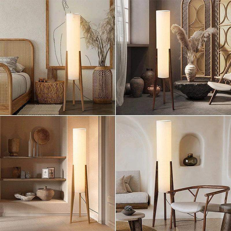 Modern Retro Wood Fabric Tripod Floor Lamp │ Scandinavian Art LED Home Mood Tall Stand Light - Besontique Home