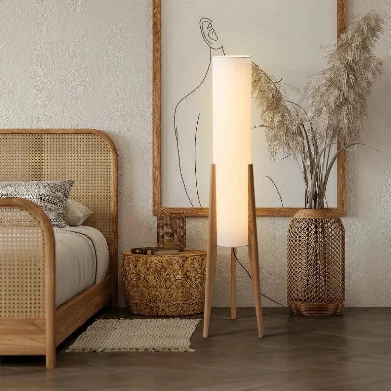 Modern Retro Wood Fabric Tripod Floor Lamp │ Scandinavian Art LED Home Mood Tall Stand Light - Besontique Home