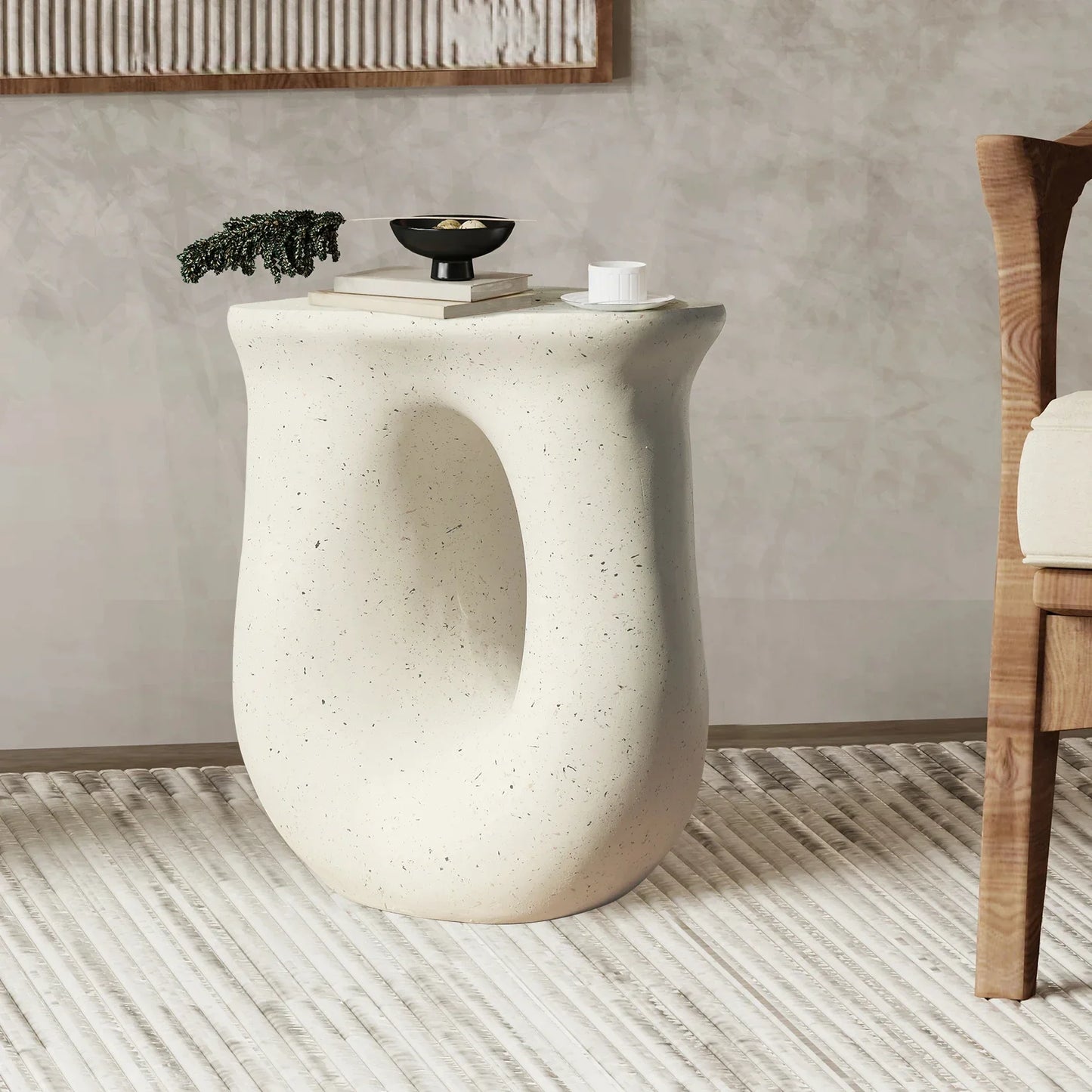 Modern Style Geometric Side Coffee Table │ Pedestal Lightweight Concrete Nightstand Table Furniture - Besontique Home