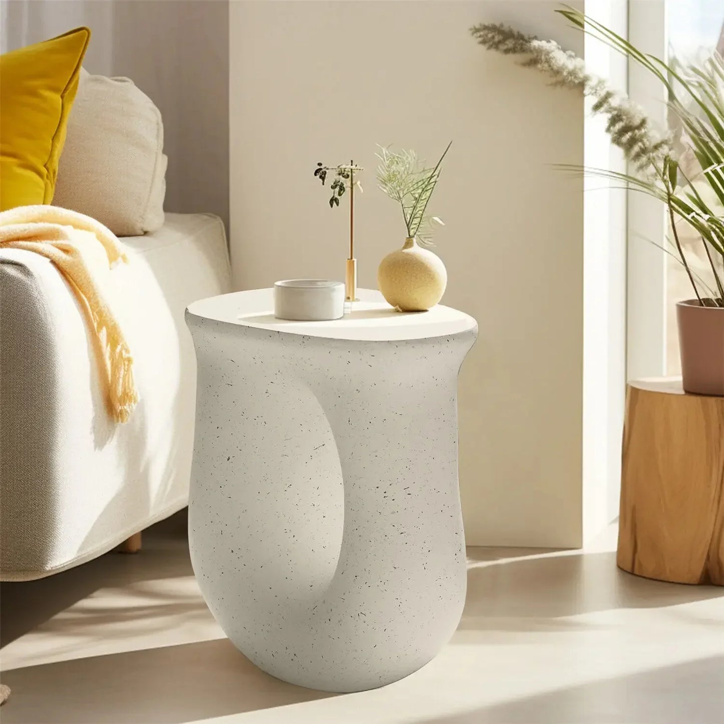 Modern Style Geometric Side Coffee Table │ Pedestal Lightweight Concrete Nightstand Table Furniture - Besontique Home