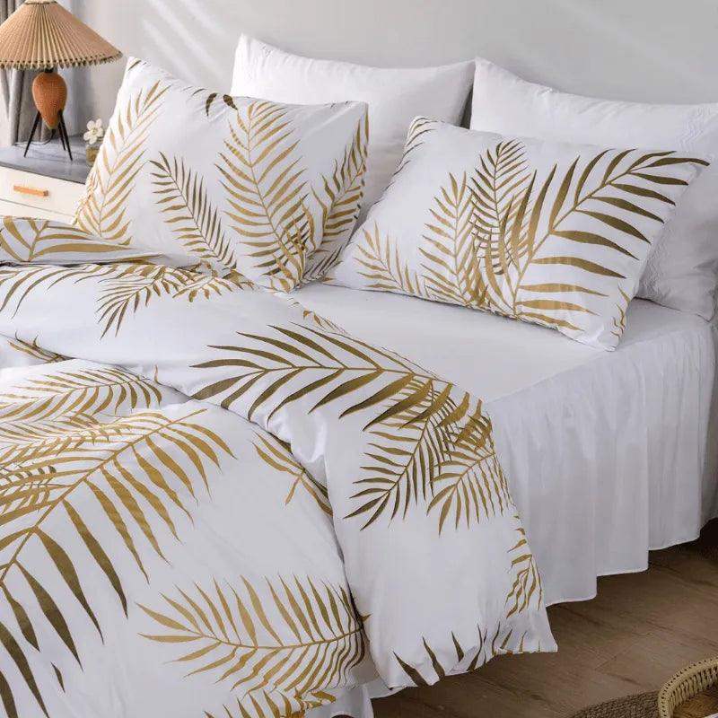 Modern Style Gold Green Botanical Print Bedding Set │ High Quality Soft Comfortable Bed Duvet cover Pillow case - Besontique Home