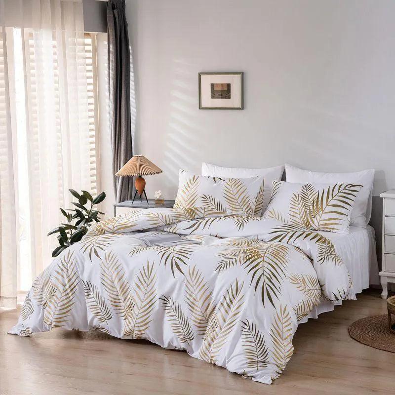 Modern Style Gold Green Botanical Print Bedding Set │ High Quality Soft Comfortable Bed Duvet cover Pillow case - Besontique Home