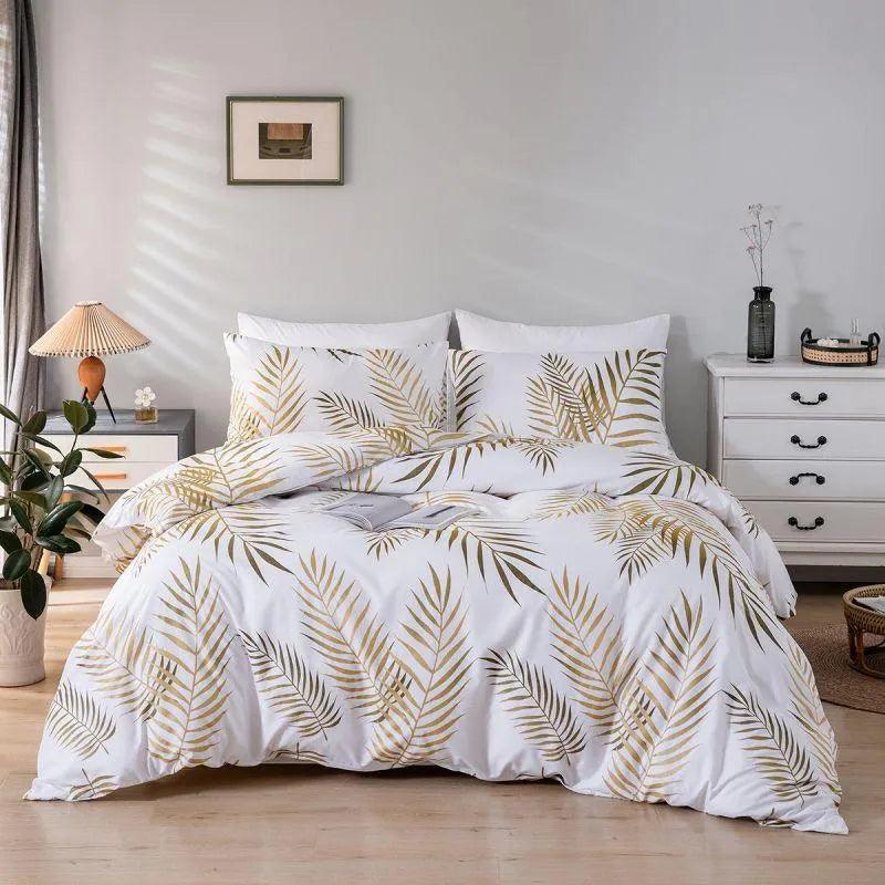 Modern Style Gold Green Botanical Print Bedding Set │ High Quality Soft Comfortable Bed Duvet cover Pillow case - Besontique Home