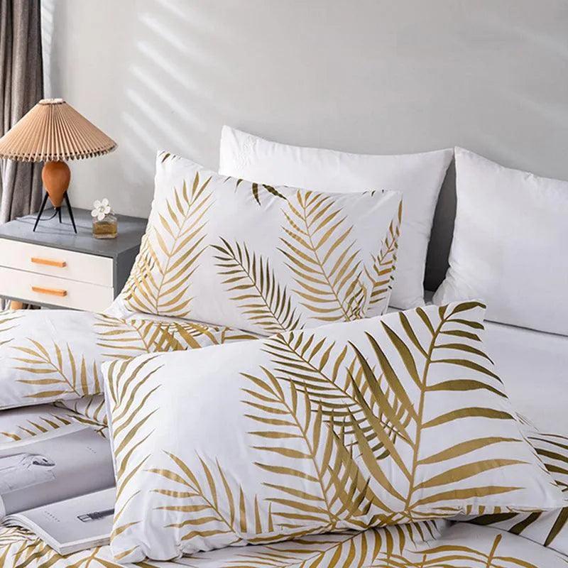 Modern Style Gold Green Botanical Print Bedding Set │ High Quality Soft Comfortable Bed Duvet cover Pillow case - Besontique Home
