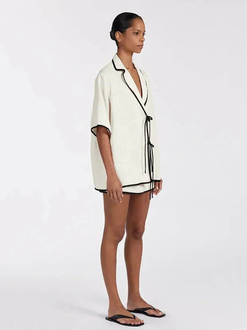 Modern style Half Sleeve Short skirt 2 Piece Pajama Set │ Minimal Beige Cotton Homewear Sleepwear - Besontique Home