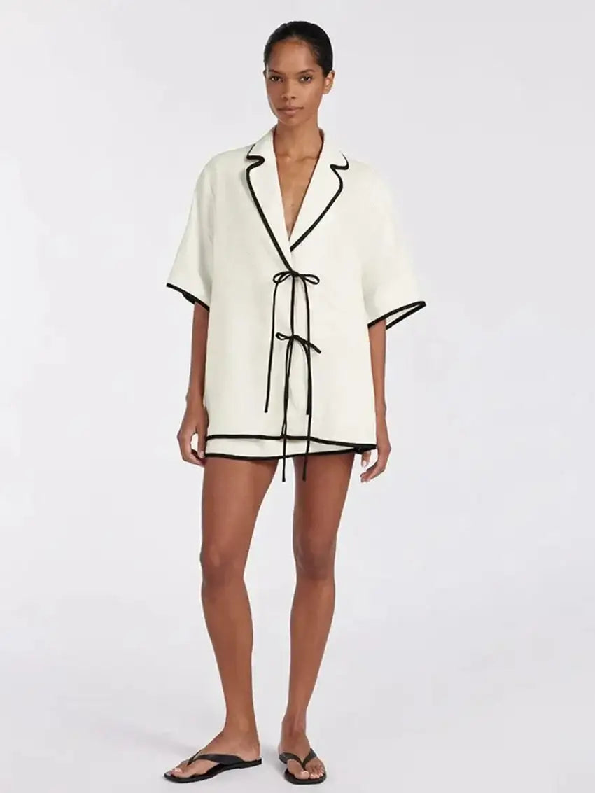 Modern style Half Sleeve Short skirt 2 Piece Pajama Set │ Minimal Beige Cotton Homewear Sleepwear - Besontique Home