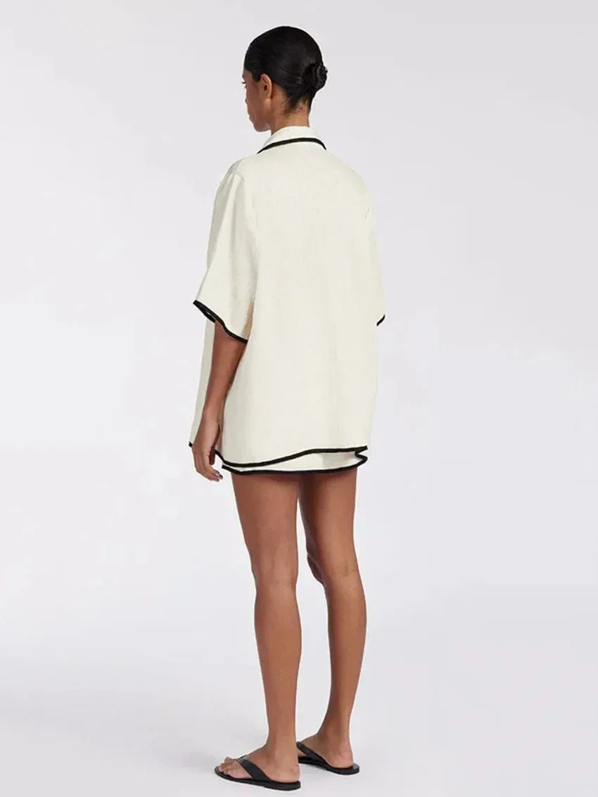 Modern style Half Sleeve Short skirt 2 Piece Pajama Set │ Minimal Beige Cotton Homewear Sleepwear - Besontique Home