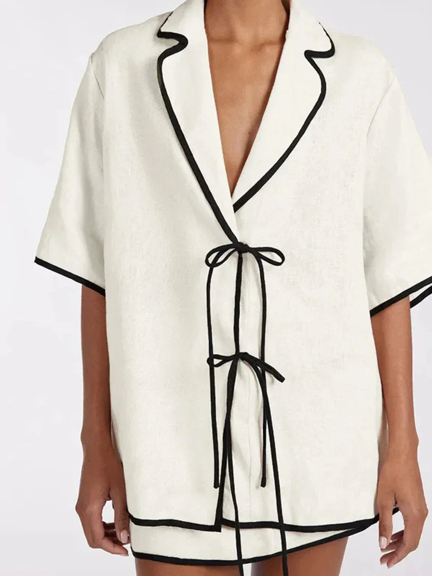 Modern style Half Sleeve Short skirt 2 Piece Pajama Set │ Minimal Beige Cotton Homewear Sleepwear - Besontique Home