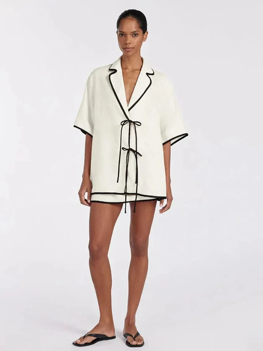Modern style Half Sleeve Short skirt 2 Piece Pajama Set │ Minimal Beige Cotton Homewear Sleepwear - Besontique Home