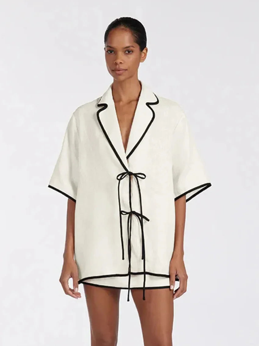 Modern style Half Sleeve Short skirt 2 Piece Pajama Set │ Minimal Beige Cotton Homewear Sleepwear - Besontique Home