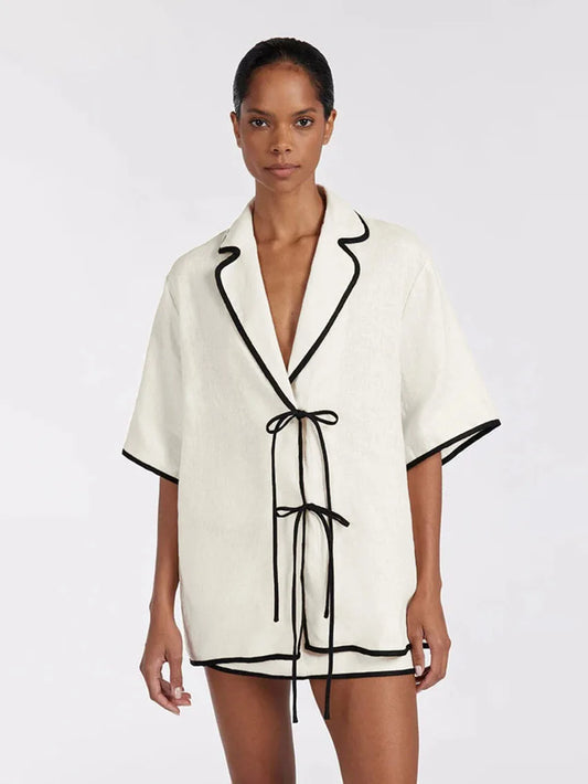 Modern style Half Sleeve Short skirt 2 Piece Pajama Set │ Minimal Beige Cotton Homewear Sleepwear - Besontique Home