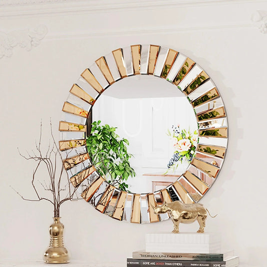 Modern Sunburst Round Wall Mounted Mirror │ Beveled Edge Glass Decorative Wall Hanging Mirror - Besontique Home