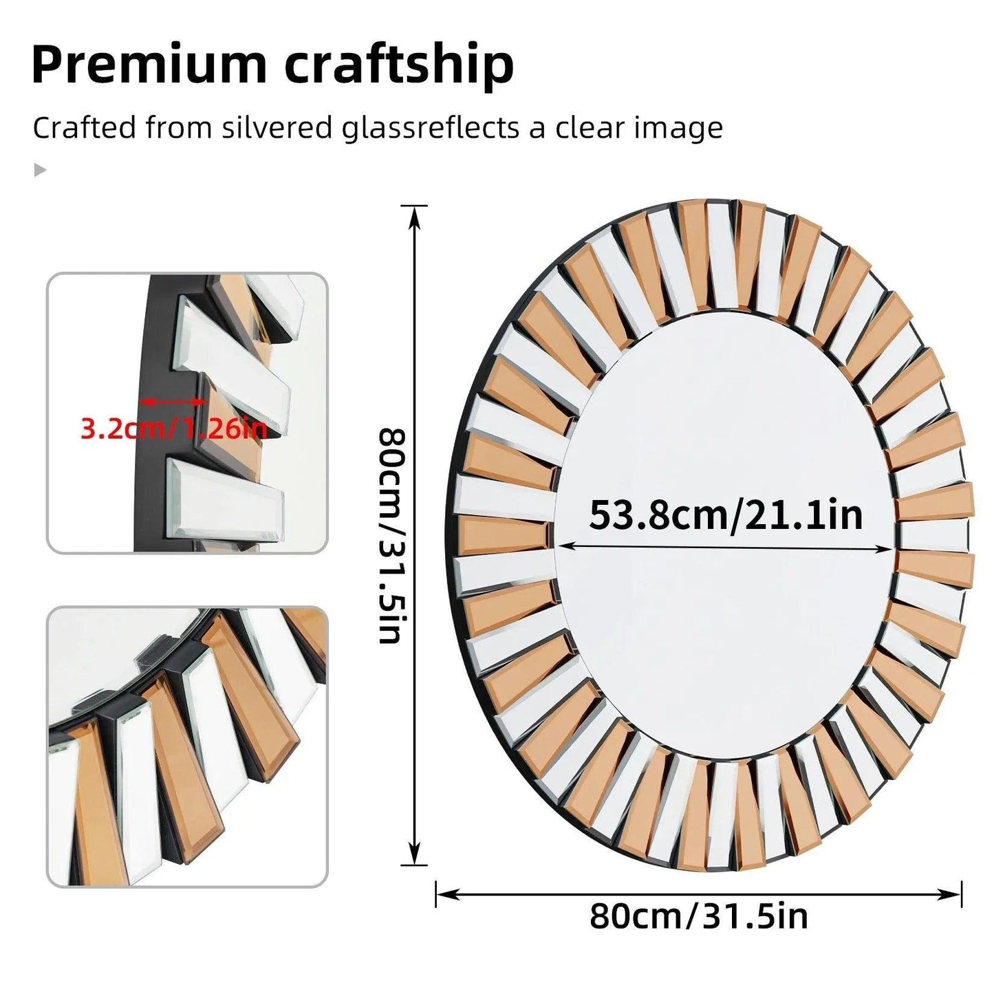 Modern Sunburst Round Wall Mounted Mirror │ Beveled Edge Glass Decorative Wall Hanging Mirror - Besontique Home
