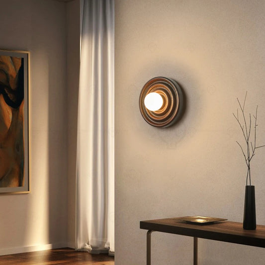 Modern Vintage Round Circle Log Dark Wood Wall Lamp │ Nordic Minimal Entryway Hallway Light - Besontique Home
