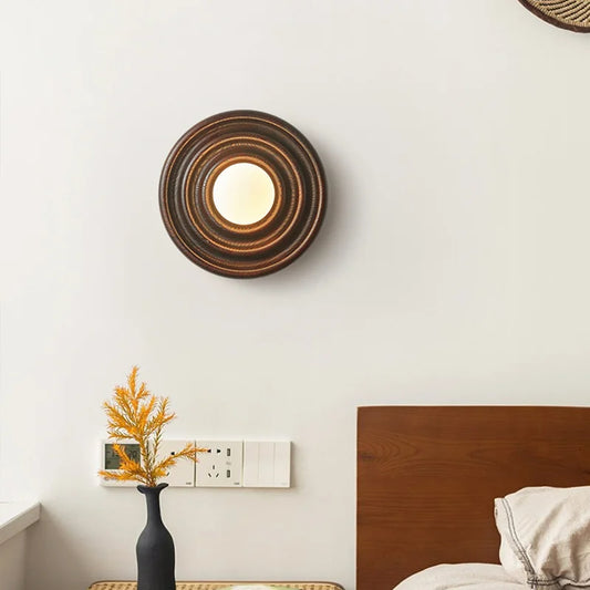 Modern Vintage Round Circle Log Dark Wood Wall Lamp │ Nordic Minimal Entryway Hallway Light - Besontique Home