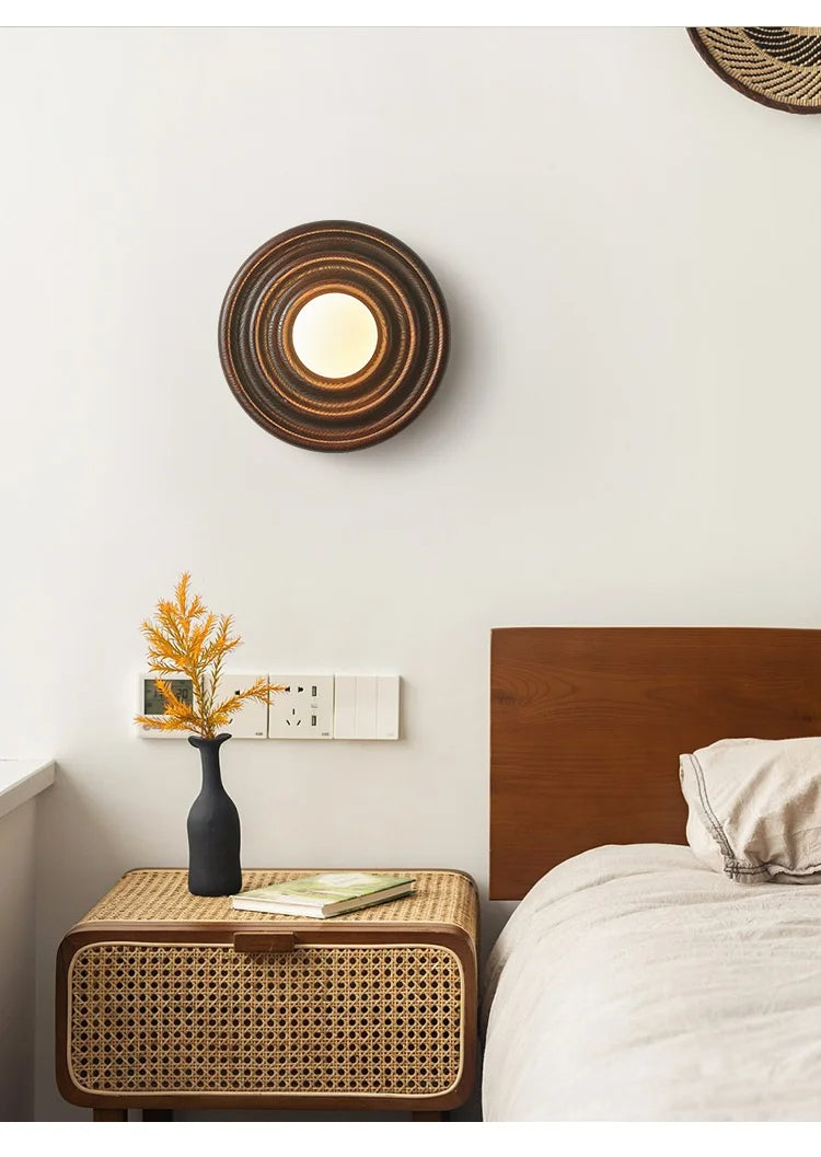 Modern Vintage Round Circle Log Dark Wood Wall Lamp │ Nordic Minimal Entryway Hallway Light - Besontique Home
