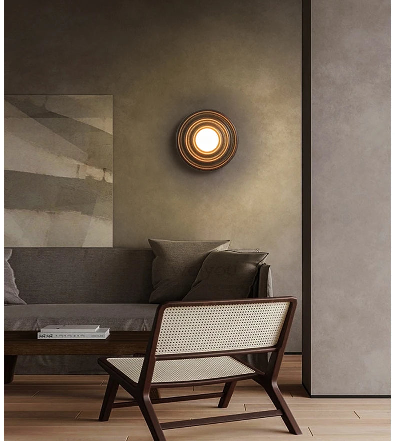 Modern Vintage Round Circle Log Dark Wood Wall Lamp │ Nordic Minimal Entryway Hallway Light - Besontique Home