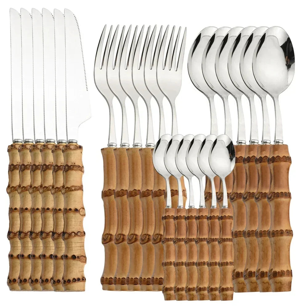 Natural Bamboo Stainless Steel Cutlery Set – 24pcs Modern Vintage Flatware Kitchenware (Knives, Forks & Spoons) - Besontique Home