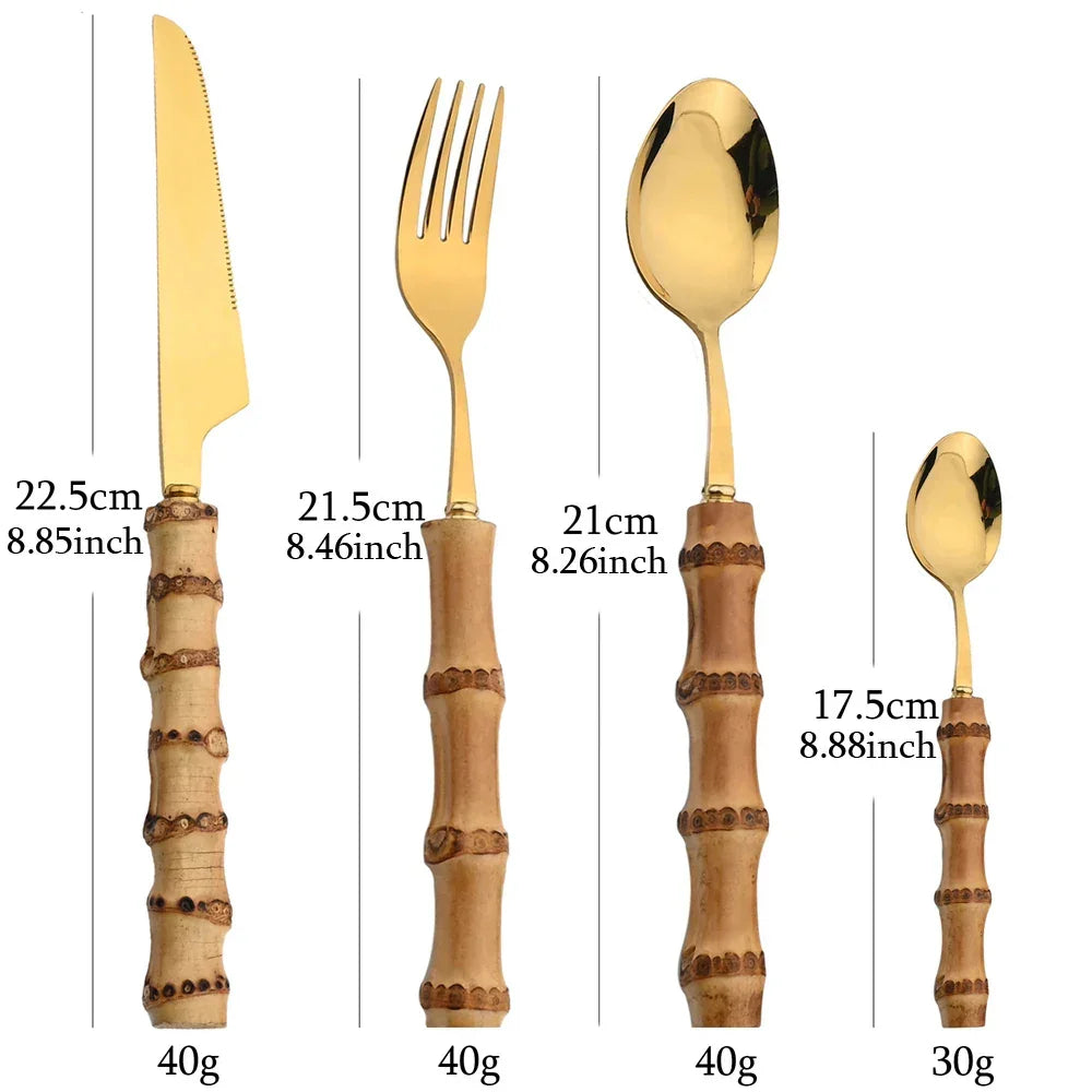Natural Bamboo Stainless Steel Cutlery Set – 24pcs Modern Vintage Flatware Kitchenware (Knives, Forks & Spoons) - Besontique Home