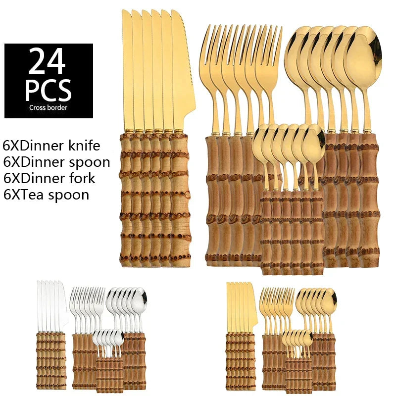 Natural Bamboo Stainless Steel Cutlery Set – 24pcs Modern Vintage Flatware Kitchenware (Knives, Forks & Spoons) - Besontique Home