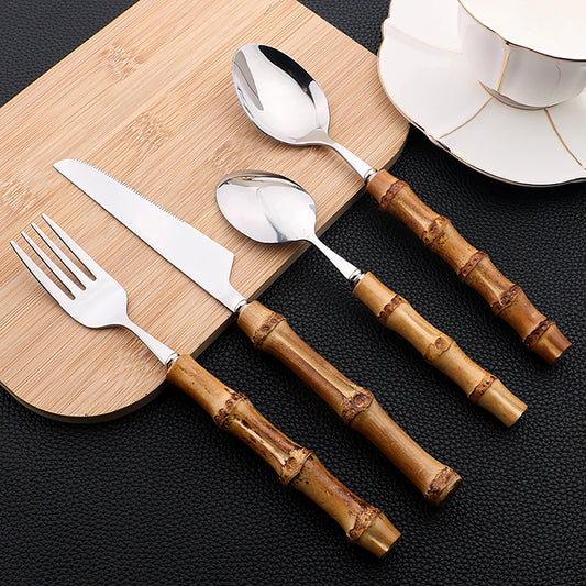 Natural Bamboo Stainless Steel Cutlery Set – 24pcs Modern Vintage Flatware Kitchenware (Knives, Forks & Spoons) - Besontique Home