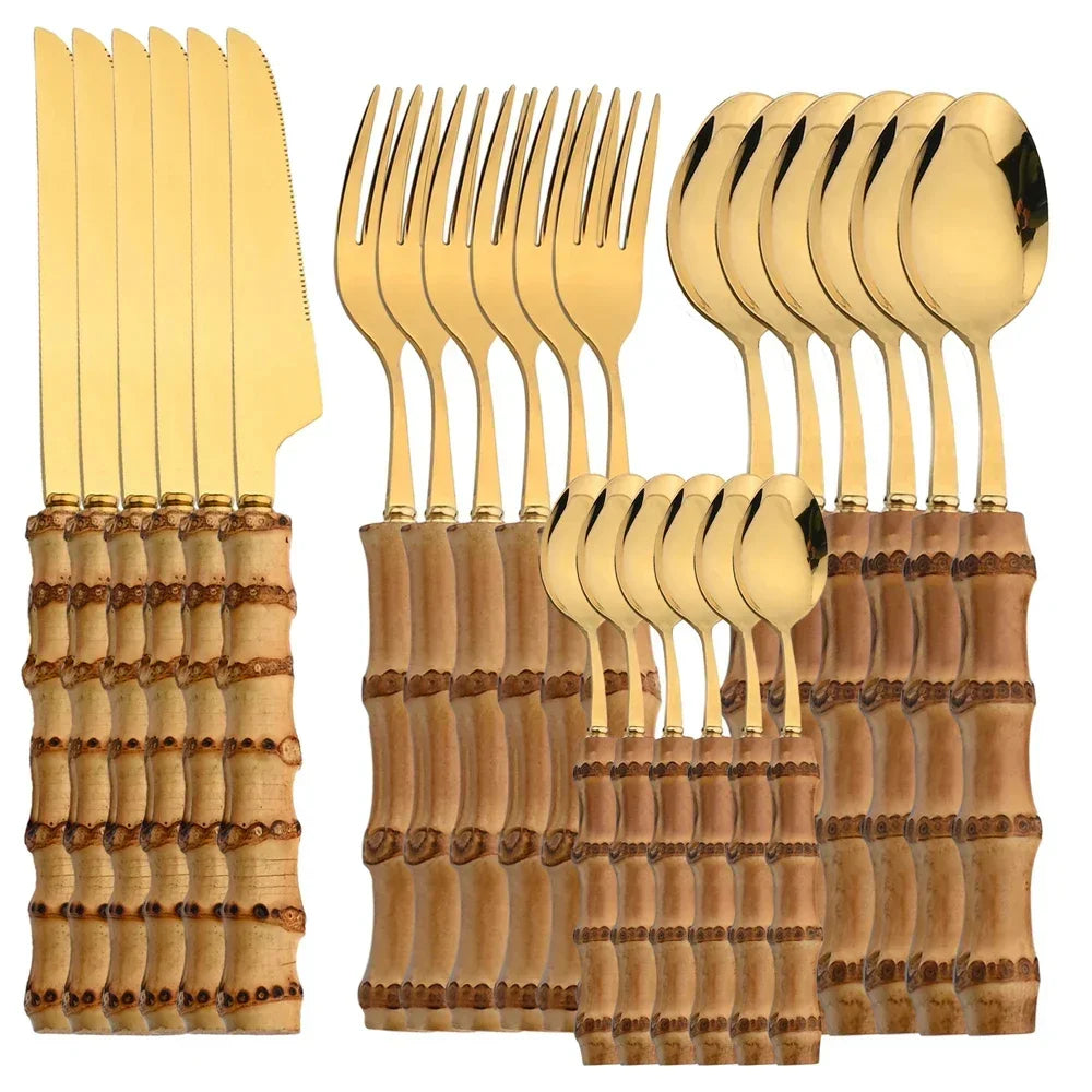 Natural Bamboo Stainless Steel Cutlery Set – 24pcs Modern Vintage Flatware Kitchenware (Knives, Forks & Spoons) - Besontique Home
