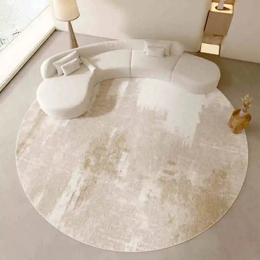 Neutral Color Round Floor Plush Rug │ Minimal Beige Fading Pattern Decorative Carpet │ Simple Large Lounge Mat - Besontique Home