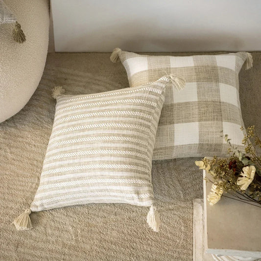 Nordic Beige Khaki Plaid Striped Cushion Cover │ Minimal Home Throw Pillow Covers - Besontique Home