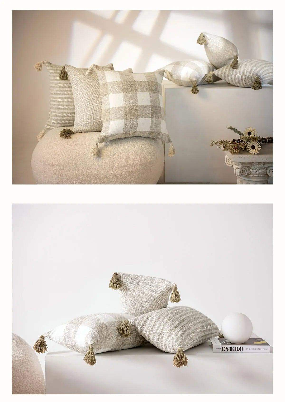 Nordic Beige Khaki Plaid Striped Cushion Cover │ Minimal Home Throw Pillow Covers - Besontique Home