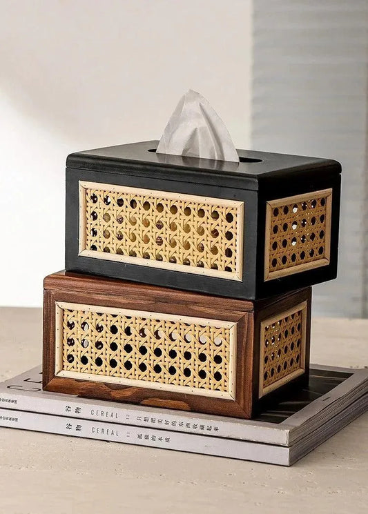 Nordic Rattan Tissue Box organizer │ Modern Japandi Napkin Holder Container Case - Besontique Home