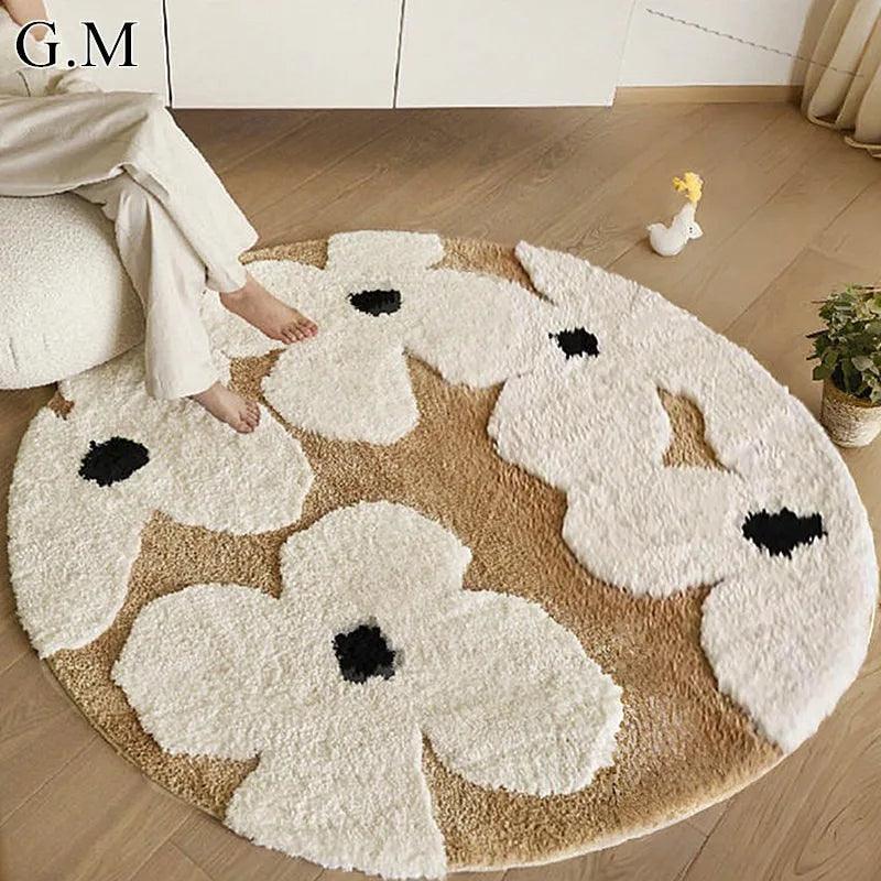 Nordic style Floral Flocked Round Rug │ Fluffy Area Bedroom Bedside Anti-Slip Carpet - Besontique Home