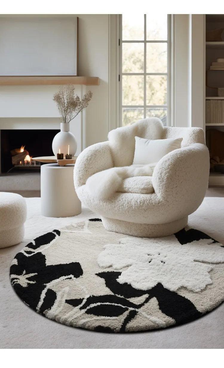 Nordic style Floral Flocked Round Rug │ Fluffy Area Bedroom Bedside Anti-Slip Carpet - Besontique Home