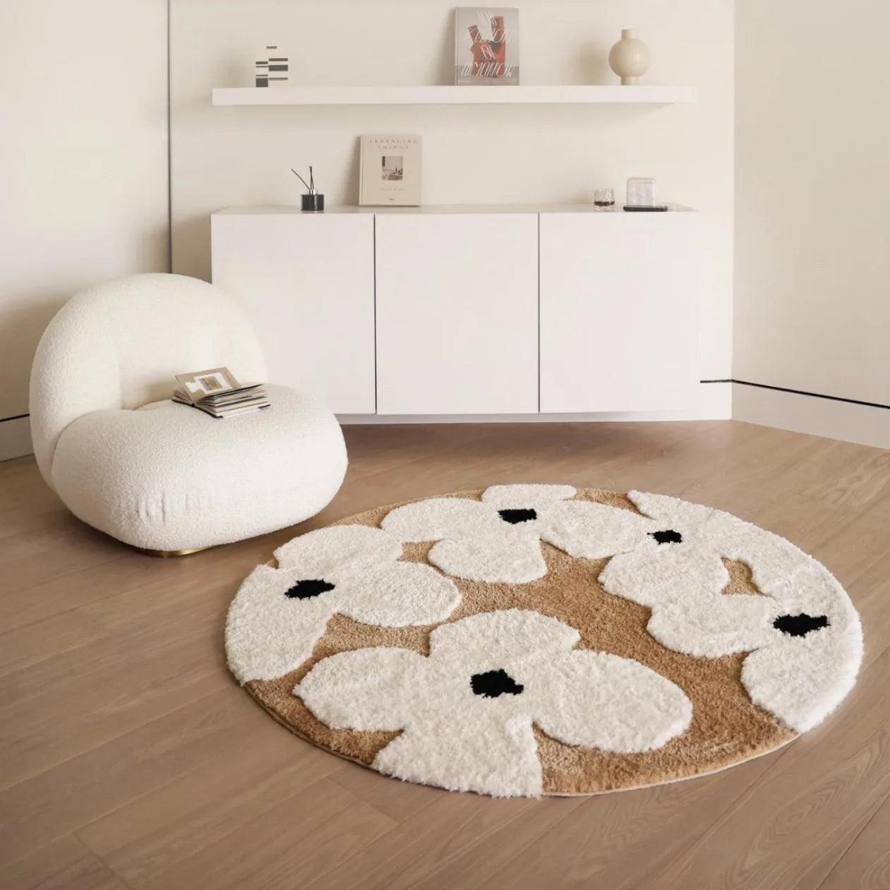 Nordic style Floral Flocked Round Rug │ Fluffy Area Bedroom Bedside Anti-Slip Carpet - Besontique Home