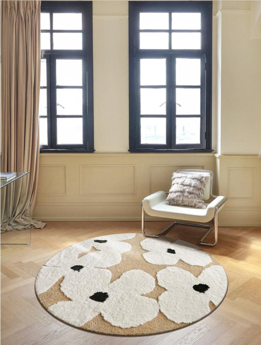 Nordic style Floral Flocked Round Rug │ Fluffy Area Bedroom Bedside Anti-Slip Carpet - Besontique Home