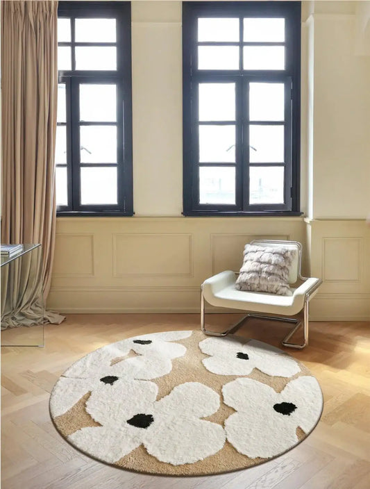 nordic-style-floral-flocked-round-rug-fluffy-area-bedroom-bedside-anti-slip-carpet-besontique-home-87827 - Besontique Home