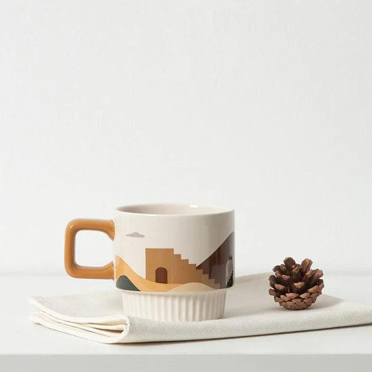 Nordic Unique Design Printed Ceramic Coffee Mug Cup with gold spoon │ Aesthetic Decorative Kitchenware - Besontique Home