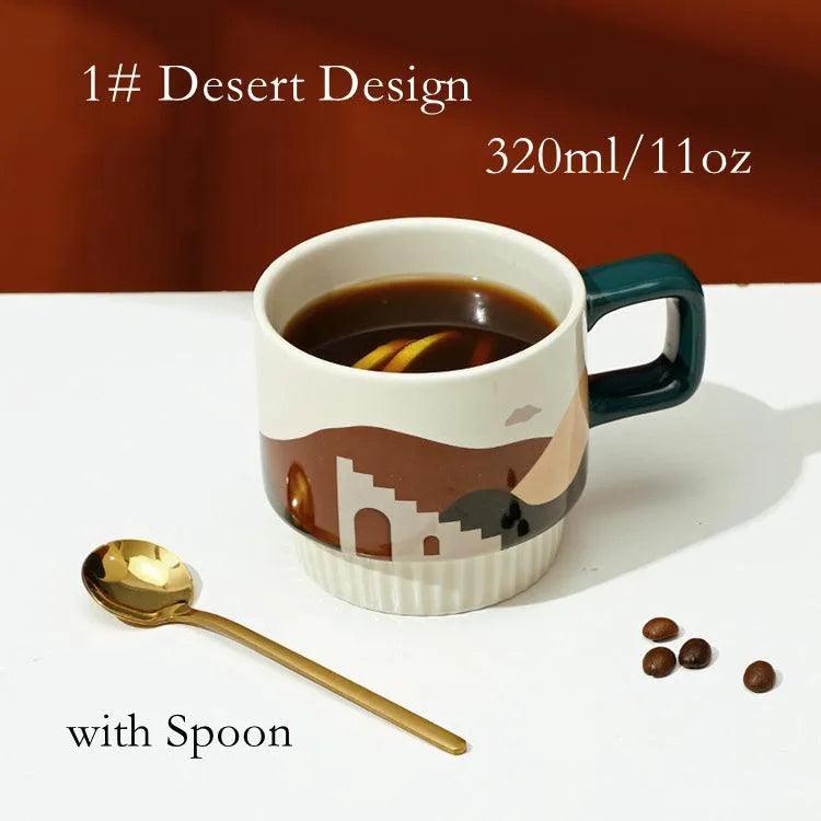 Nordic Unique Design Printed Ceramic Coffee Mug Cup with gold spoon │ Aesthetic Decorative Kitchenware - Besontique Home