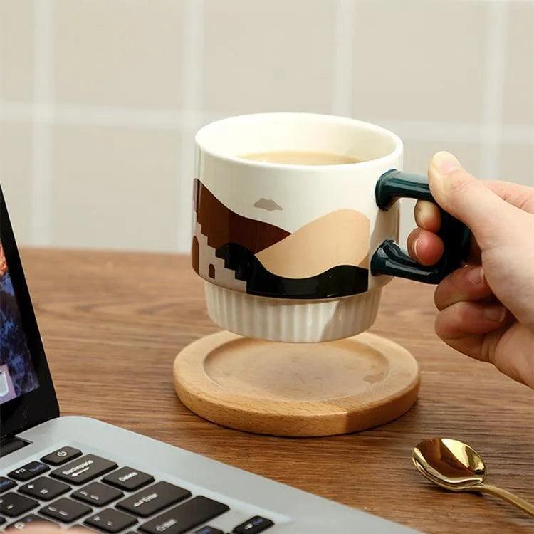 Nordic Unique Design Printed Ceramic Coffee Mug Cup with gold spoon │ Aesthetic Decorative Kitchenware - Besontique Home