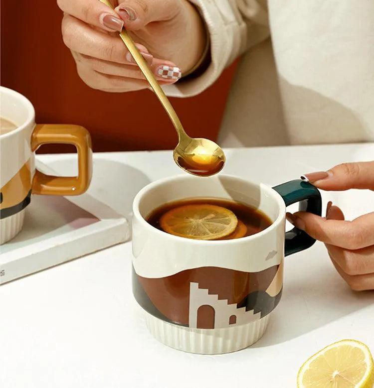 Nordic Unique Design Printed Ceramic Coffee Mug Cup with gold spoon │ Aesthetic Decorative Kitchenware - Besontique Home