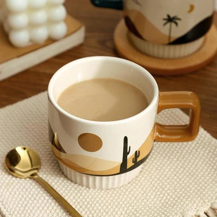 Nordic Unique Design Printed Ceramic Coffee Mug Cup with gold spoon │ Aesthetic Decorative Kitchenware - Besontique Home