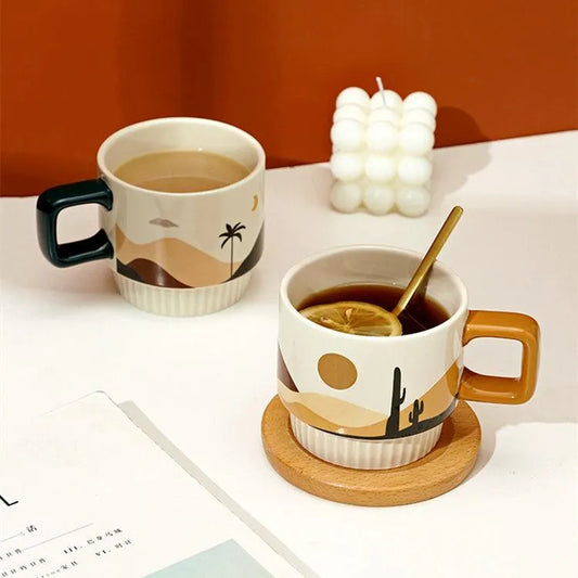 Nordic Unique Design Printed Ceramic Coffee Mug Cup with gold spoon │ Aesthetic Decorative Kitchenware - Besontique Home