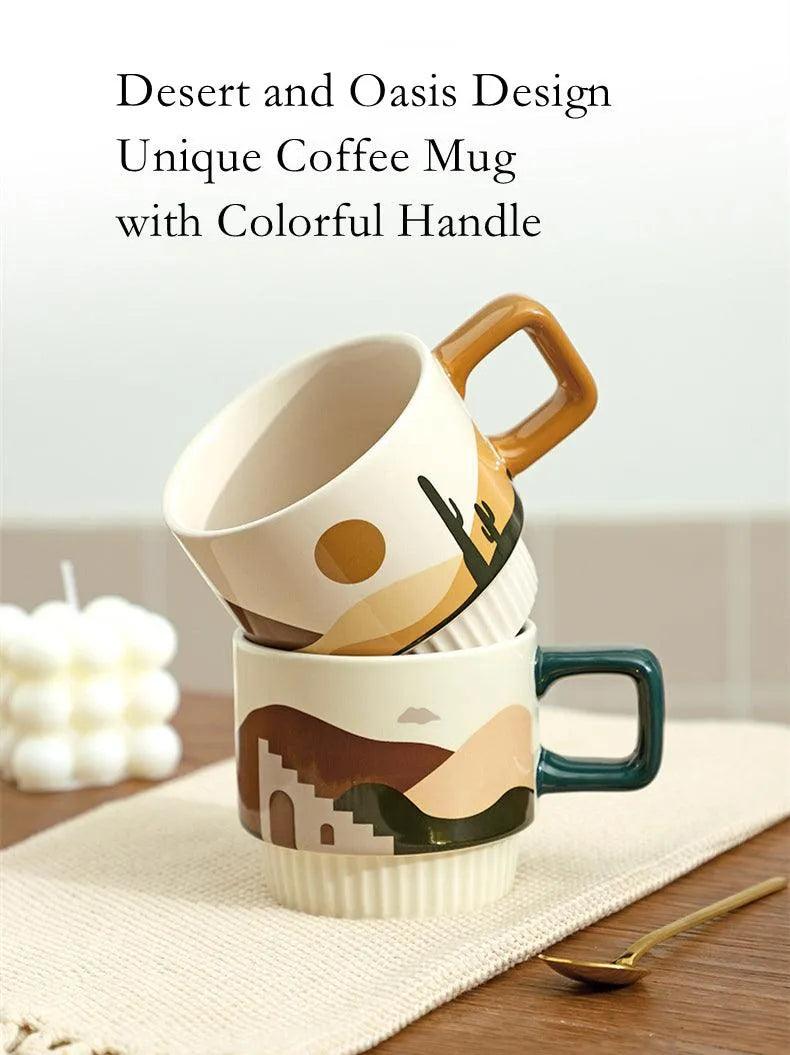Nordic Unique Design Printed Ceramic Coffee Mug Cup with gold spoon │ Aesthetic Decorative Kitchenware - Besontique Home